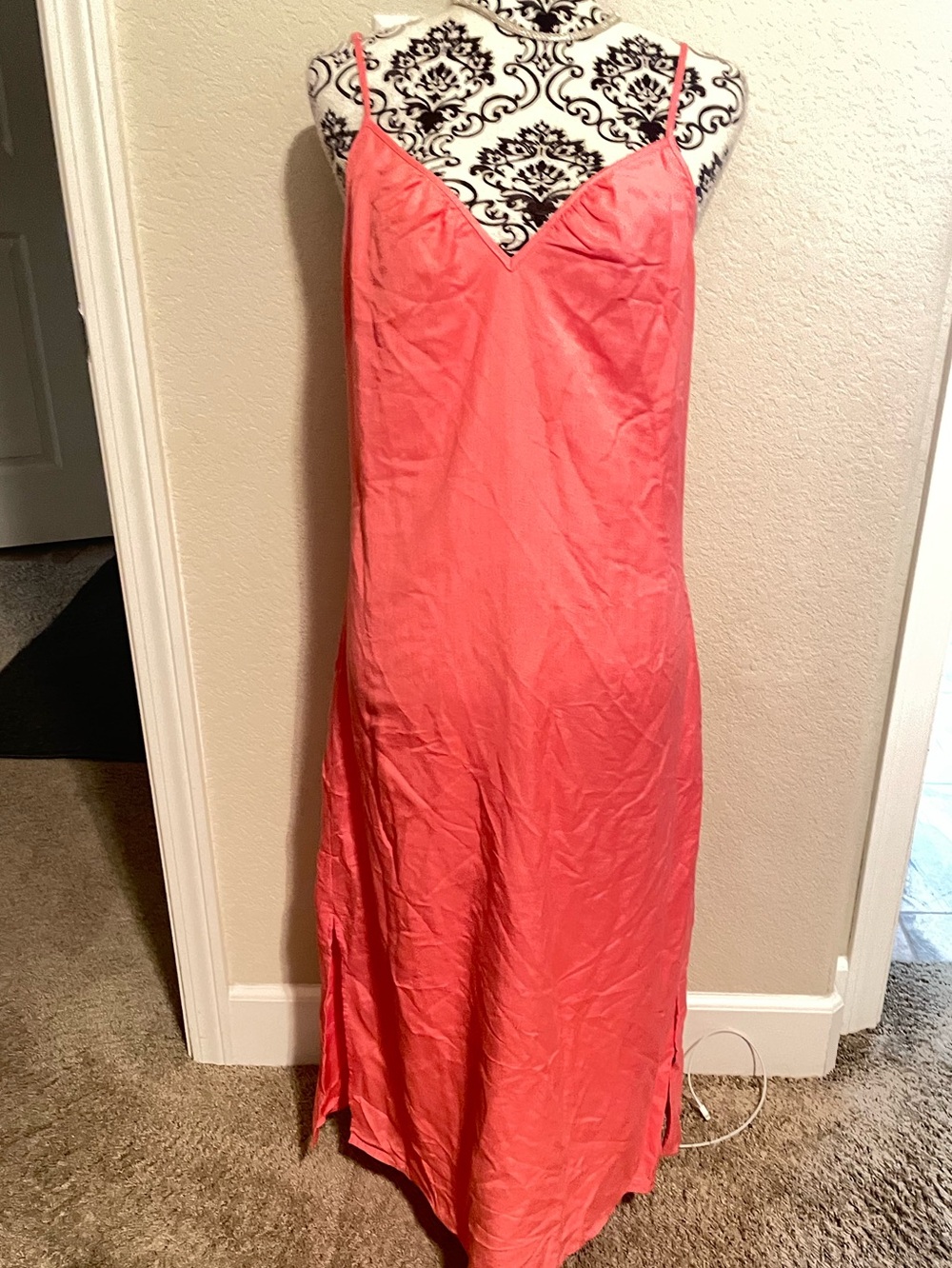Coral Satin Slip Dress with Spaghetti Straps